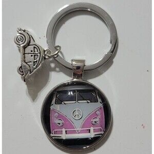 Volkswagen VAN SAMBA Vintage Hippie Peace Sign Bus Beetle Bug Keychain Pink